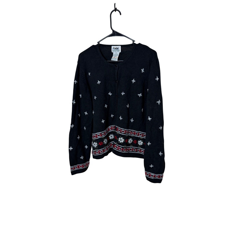 Vintage Northern Reflections Black Embroidered  Floral Cardigan Sweater XL